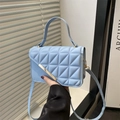 Light blue quilted shoulder bag with gold metal trim and detachable strap for women - Blue