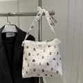 Sac fourre-tout en toile blanc cassé avec imprimé ours et bordure en dentelle blanche - Style 3