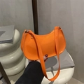 Minimalist bright orange patent leather shoulder bag with gold zipper and wide strap - Orange