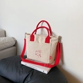 Sac seau en toile beige avec anses rouges et imprimé ours mignon pour femmes - Rouge