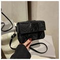 Detail of the black pleated crossbody bag with a modern woven-style flap and silver buckle - Black