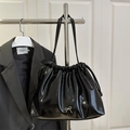 Chic black patent leather ruched hobo bag with a silver bow and dual straps - Black
