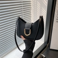 Minimalist black PU leather crescent underarm bag with elegant gold U-shaped metal buckle - Black