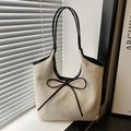 Sac fourre-tout tissé beige avec bordure en cuir noir et détail de nœud élégant - Noir