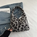 Minimalist grey leopard print faux fur shoulder bag with soft textured hobo design - Black