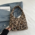 Trendy leopard print plush shoulder bag for women with soft faux fur texture - Brown