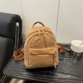 Mochila pequeña de pana amarillo mostaza con estampado de cara sonriente y cremallera - Marrón