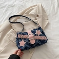 Y2K denim shoulder bag in blue with pink leather trim and star patches decoration - Star Dark Blue
