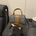 Chic dark grey canvas and brown leather crossbody bag with curved base and flap - Black