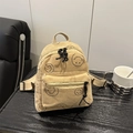 Mini mochila de pana beige con estampados de smiley y correas ajustables para mujer - Caqui