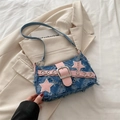 Y2K denim shoulder bag with pink star patches and metal chain in blue wash finish - Star Light Blue