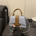 Minimalist light blue denim crossbody bag with brown leather handles and strap - Blue