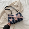 Y2K denim shoulder bag with pink leather stars and silver chain detail in blue and pink - Vertical Striped Blue