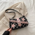 Pink and black plaid crossbody bag with star patches and silver chain detail - Checkerboard Black