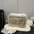 White rectangular Ita bag with clear window showing anime badges and lace details - White