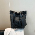 Black leather tote bag with skull pattern and metal skull charm including a coin purse - Shoulder Bag Set / Black