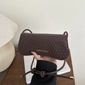 Dark brown woven texture baguette bag with golden logo and slender shoulder strap - Brown