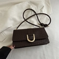 Deep brown minimalist square bag with snake texture and golden metal buckle decoration - Dark Brown