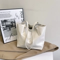 Minimalist cream white oversized PU leather tote bag with long slim shoulder straps - White
