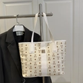 Borsa tote bianco sporco con motivo orsetto e striscia bianca verticale a contrasto - Bianco