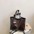 Glossy dark coffee brown PU leather tote bag with long straps for casual travel - Brown