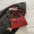 Bordeaux red matte leather crossbody bag with bow detail and silver square buckles - Red