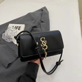 Minimalist black flap square bag with gold SSS metal logo and knotted shoulder strap - Black