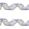 Blue sheer Christmas ribbon with gold wired edges and festive snowflake patterns - Blue Gold Stamped