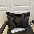 Black Saffiano leather tote bag with small zipper pouch and gold Fashion text details - Black