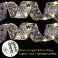 Silbernes Weihnachtsband mit Goldmustern, USB-Lichterkette und Fernbedienung-Set - 10m / Silber (Warmweißes Licht+USB+Fernbedienung)