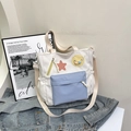 Sac étudiant en nylon blanc avec poche bleue et décoration étoile orange - Blanc