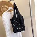 Handmade black crochet tote bag with colorful beads and large capacity for women - Black