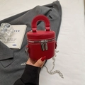 Red mini bucket bag with white stitching and silver chain strap for women - Burgundy