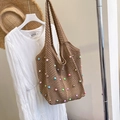 Deep khaki woven tote bag with colorful beads for beach vacation and casual style - Khaki