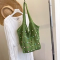 Grass green crochet woven tote bag with colorful faux pearls and vacation style design - Green