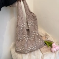 Bolso tote de punto marrón claro con perlas decorativas y asas largas de hombro - Caqui