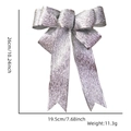 Glittery silver Christmas bow ornament showing dimensions 26cm length and 19.5cm width - 7-Loop Bow / Silver Glitter Silver Edge