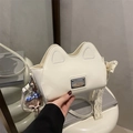 Chic cream white cat-ear crossbody bag with lace bow and plush mascot accessory - With Pendant / White