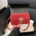 Minimalist red leather crossbody square bag with modern gold geometric metal buckle - Red