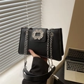 Black leather underarm bag with sparkling rhinestone buckle and silver chain strap - Black