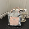 Silver sequin tote bag with pink handles and outer pocket featuring logo detail - Pink / Large