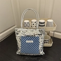 Silver sequin tote bag with blue polka dot pocket and elegant metal handles - Blue / Large