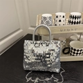 Elegant silver sequin evening tote bag with metallic handle and chain shoulder strap - Silver / Small