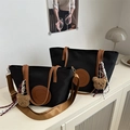 Ensemble de sacs fourre-tout en nylon noir avec anses en cuir brun et pendentif ours - Grand Avec Pendentif / Noir