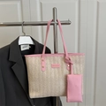 Ensemble cabas en paille rose avec petite pochette assortie et anses en cuir élégantes - Rose