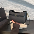 Minimalist black quilted shoulder bag with leather bow and gold accents for women - Black
