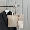 Sac cabas en paille avec bandoulières en similicuir blanc cassé et pochette zippée - Blanc