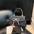 Sac à main noir pailleté avec nœud en strass argenté et bandoulière pour femme - Noir