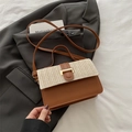 Borsa a tracolla minimalista in paglia intrecciata marrone e beige con fibbia oro - Marrone