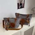 Grey nylon tote bag with brown leather handles and a cute bear keychain charm - Small / Without Pendant / Light Gray
